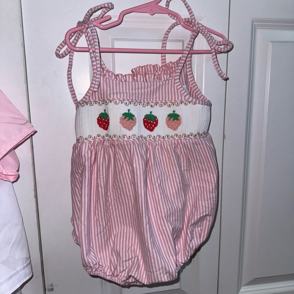 Shrimp & Grits Kids smocked striped strawberry bubble